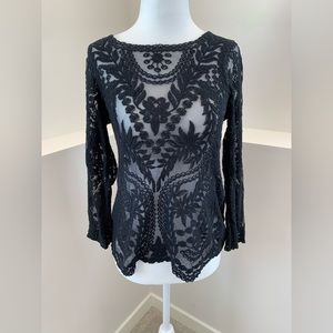 Black Sheer Lace Long Sleeve Blouse